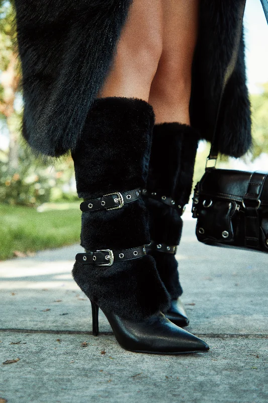 Kyla Faux Fur Heel Boots - Black